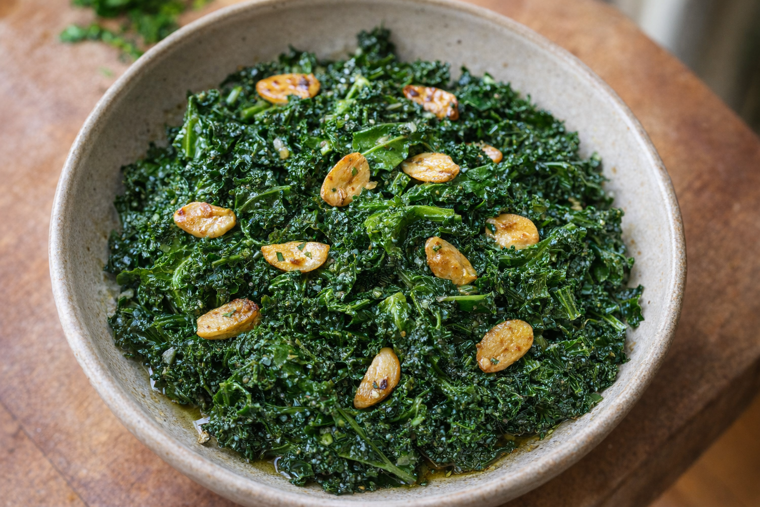 A top-down, bright studio shot of perfectly cooked sautéed kale with visible garlic and a light sheen of olive oil, served in a shallow ceramic bowl